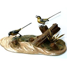 японская бронзовая композиция Птички на берегу ручья