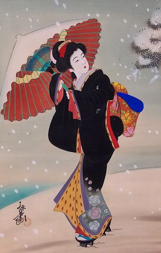 японский рисунок эпохи Эдо: Дама с зонтиком под снегом