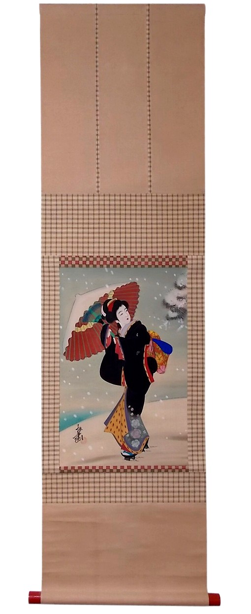 японский антикварный свиток с рисунком цветной тушью, 1850-е гг.